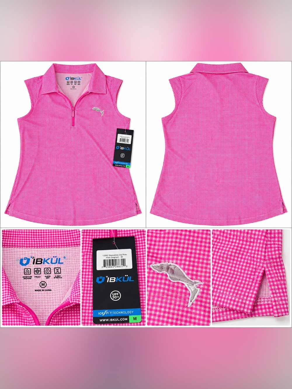 IBKUL Women's Hot Pink Sleeveless Zip Swim Polo